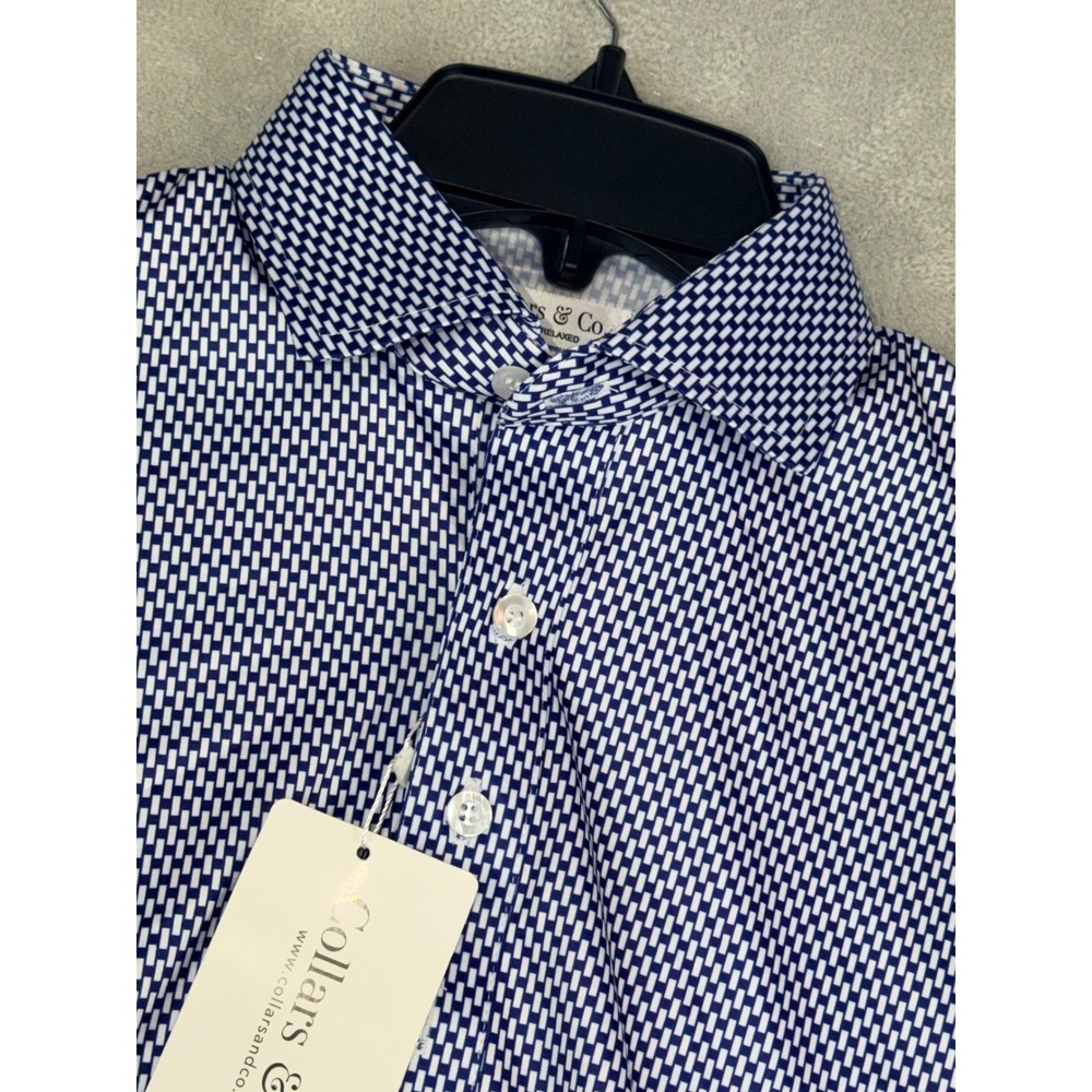 Collars & Co Mens Dress Collar Polo Shirt Blue Geometric Print Relaxed Small NWT